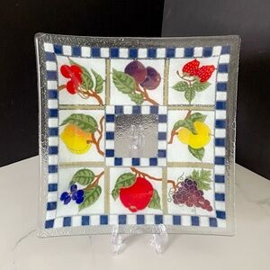 Fruit Blue Checked Square Plate by Peggy Karr